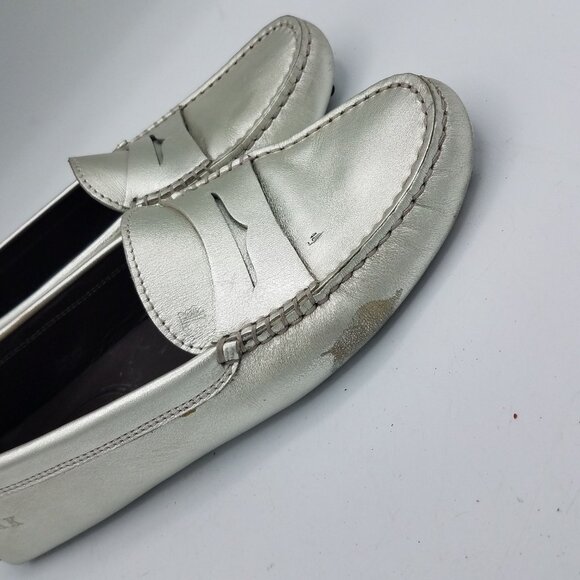 Tod's Gommino Driving Loafers Womens 37.5 Silver Metallic Leather Penny Loafers - Picture 4 of 12